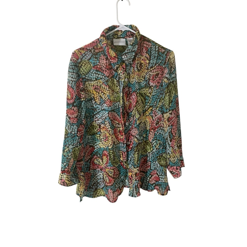 Alfred Dunner Size 14 Abstract Floral Semi Sheer Art To Wear‎ Boho Top Button Up